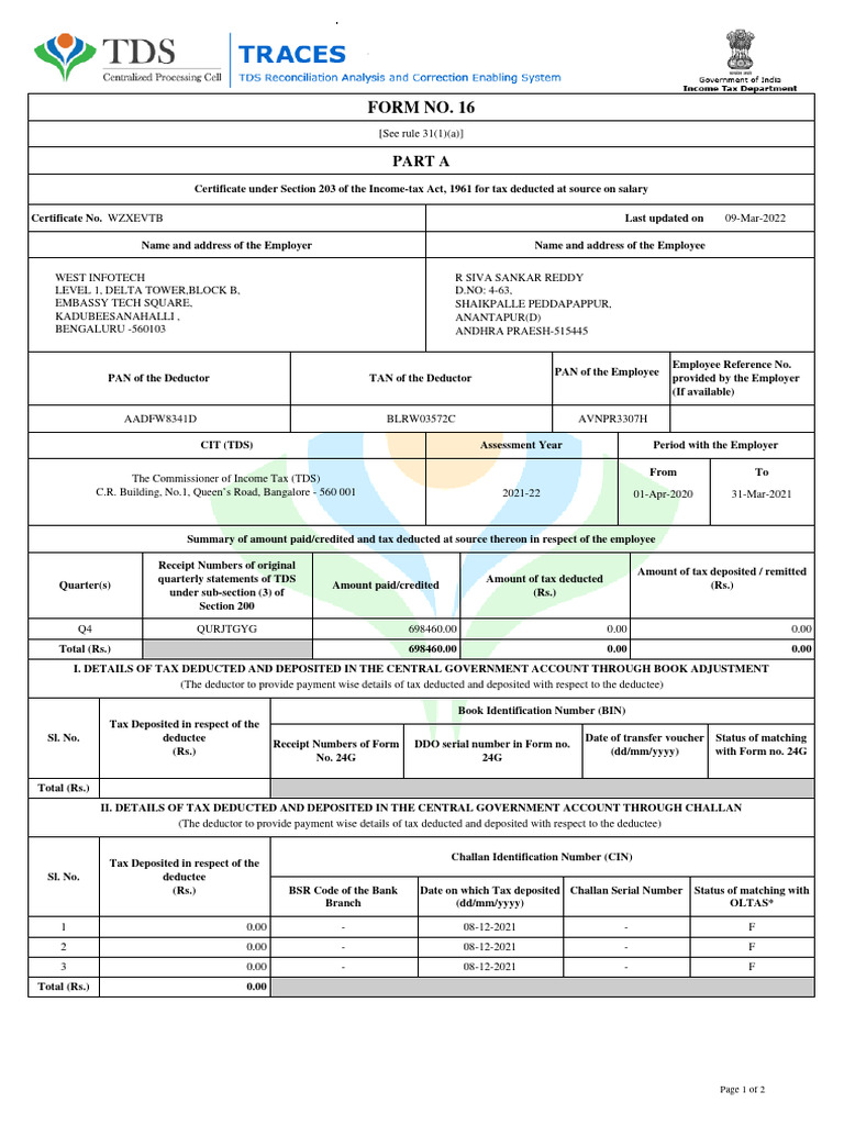 R Shiva Shankar Reddy Form16 Parta | PDF | Business | Taxes