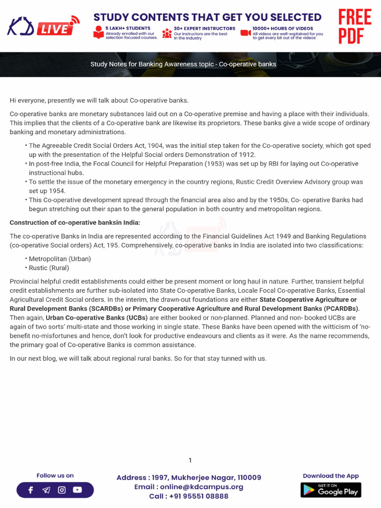 Study Notes For Banking Awareness Topic Co Operative Banks | PDF