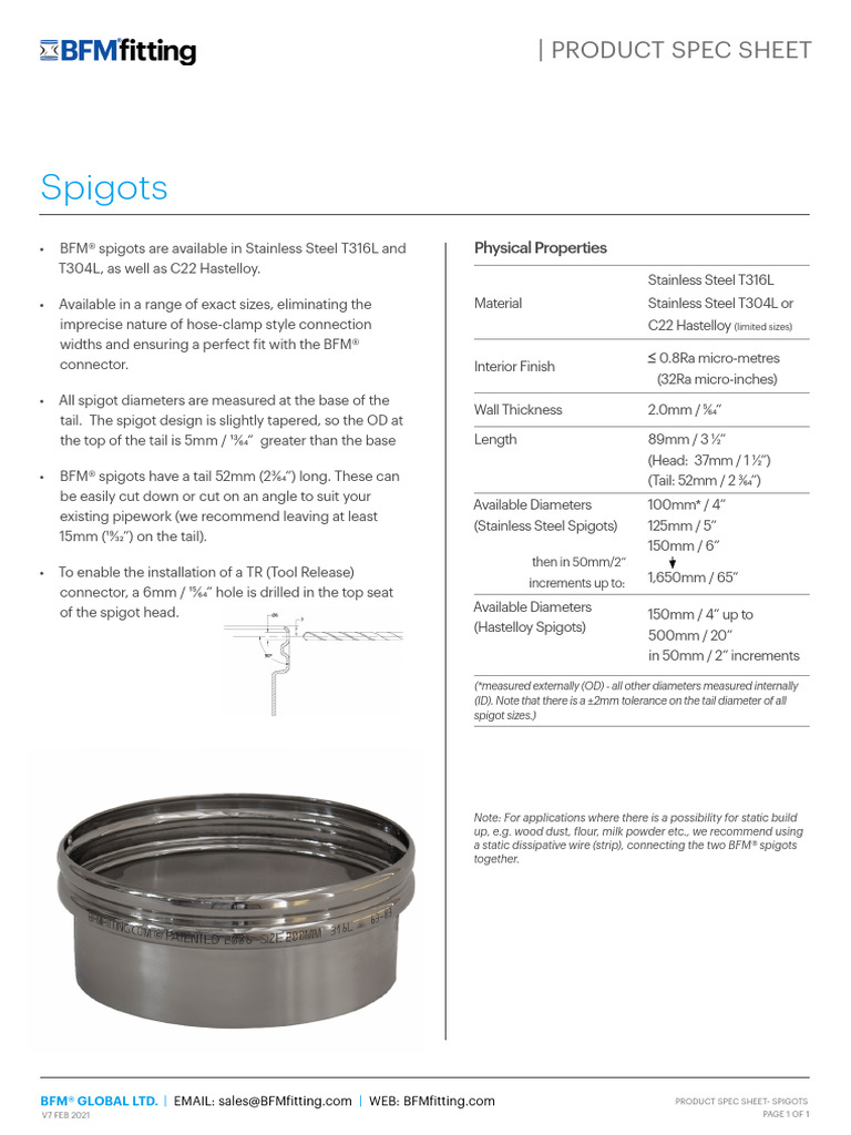 Spigot Product Spec Sheet 1614023137 | PDF | Tap (Valve) | Equipment
