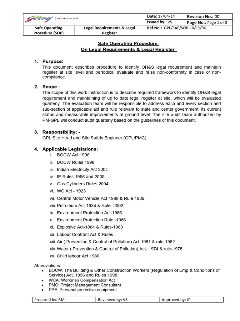 Legal Register SOP for OH&S Compliance | PDF