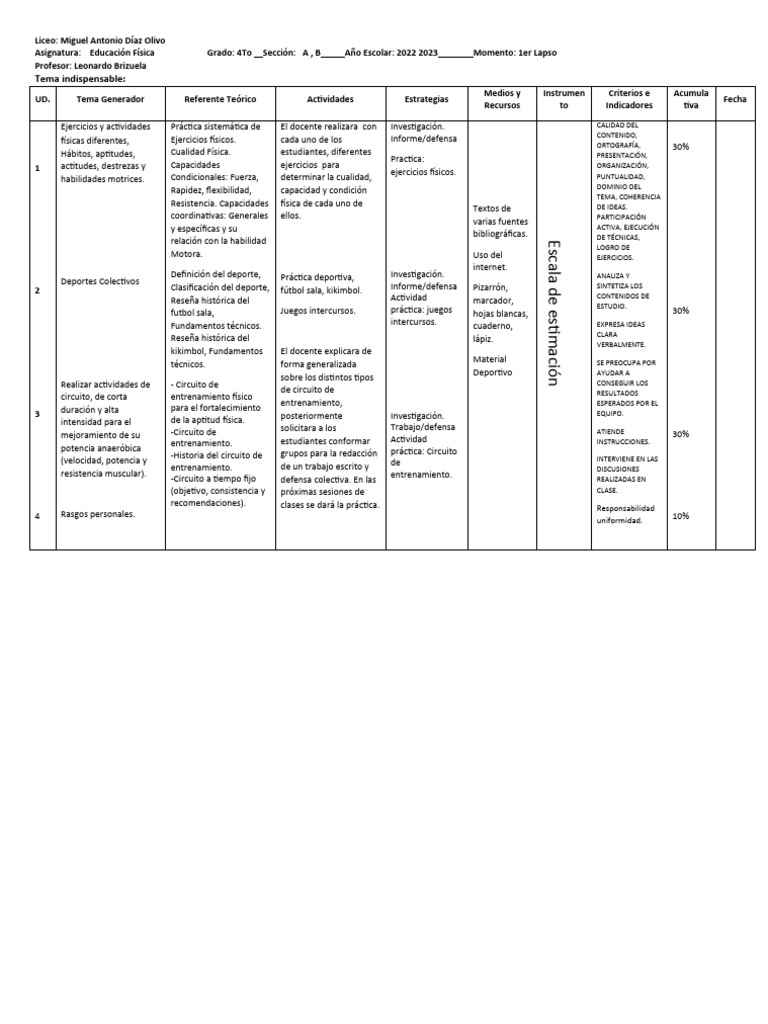PLANIFICACION Educacion Fisica, 4to Año 1er Lapso 2022 2023 | PDF