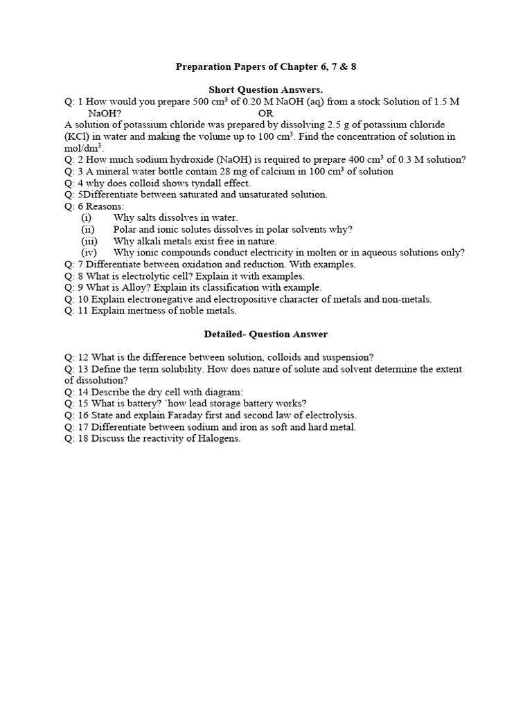 Chemistry Preparation Papers: Chapters 3-8 | PDF | Potassium Chloride ...