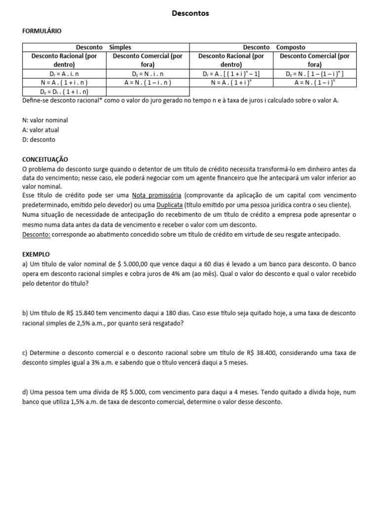 Atividade Descontos Pdf Desconto Finanças E Administração De Capital