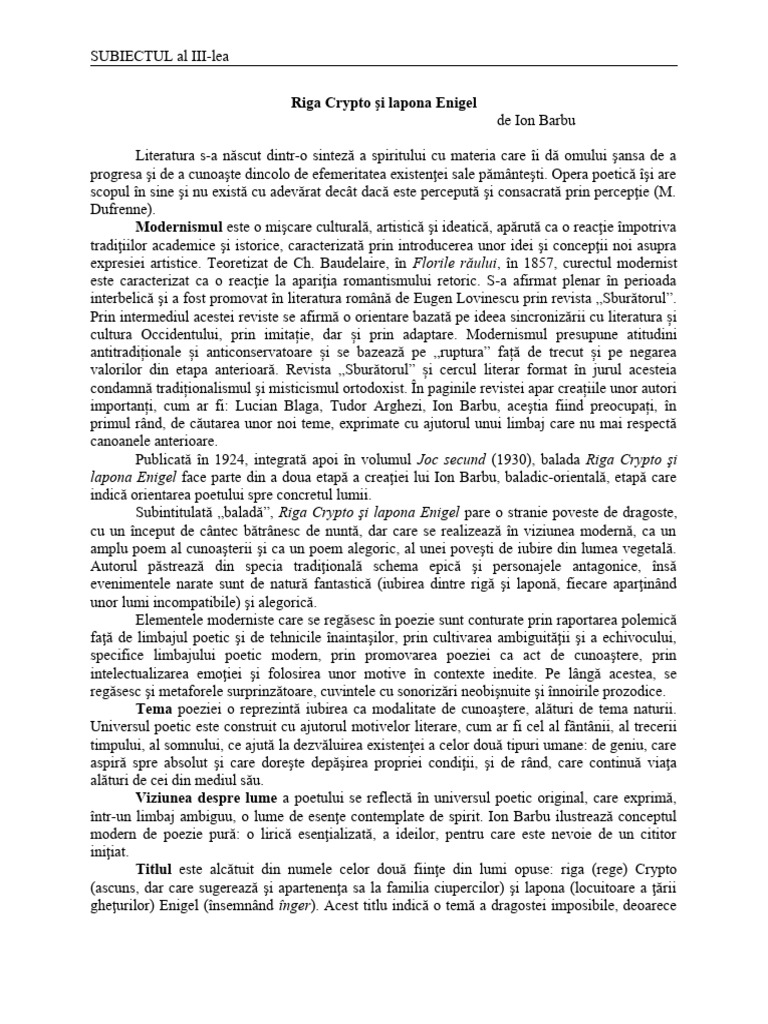 MODERNISM - Riga-Crypto-şi-lapona-Enigel - Ion-Barbu 2 | PDF