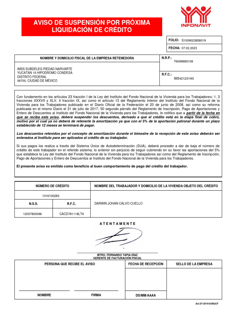 Aviso de Suspensión de Descuentos Infonavit | PDF | Gobierno