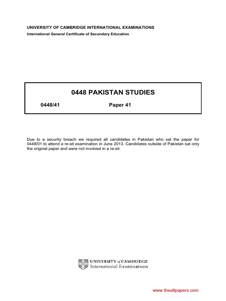 0448 Pakistan Studies: 0448/41 Paper 41 | PDF