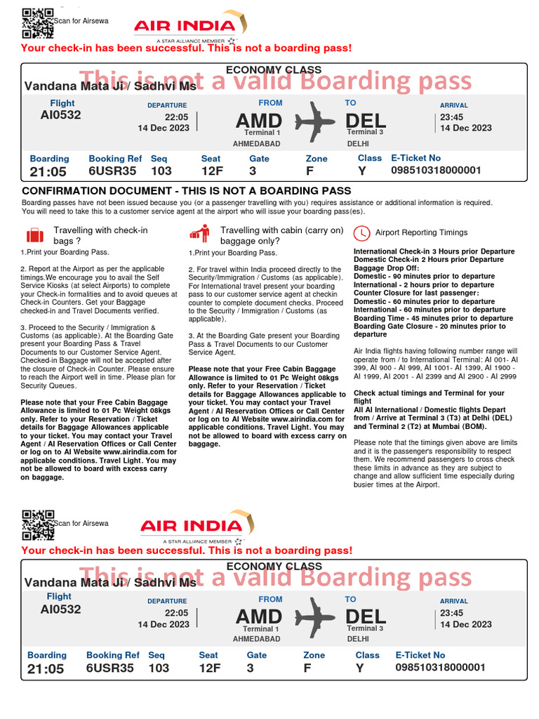 Air India Check-In Confirmation | PDF