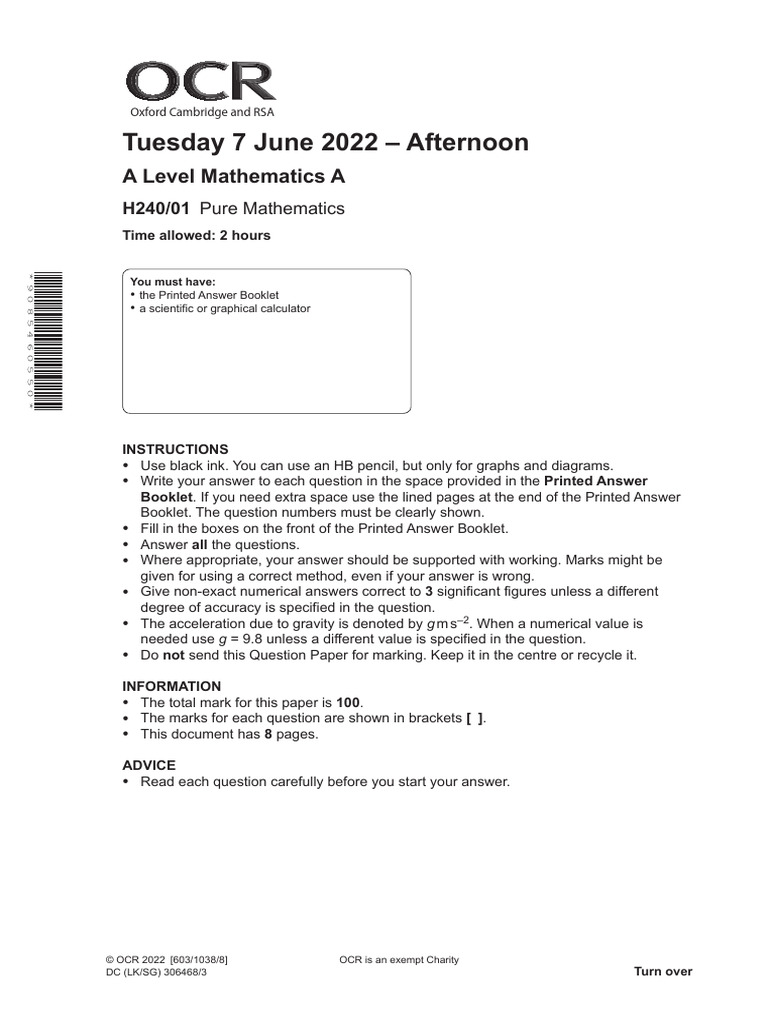 A Level Pure Mathematics Exam Paper | PDF | Trigonometric Functions ...