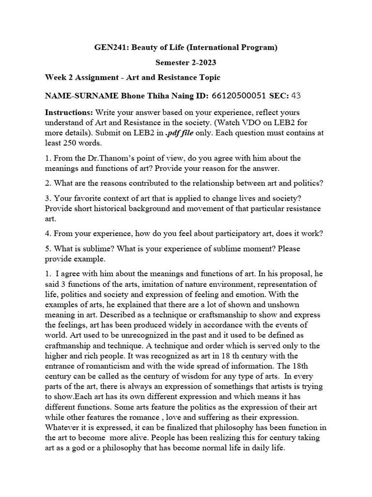 GEN241 Week2 Assignment Art+and+Resistance Short+Essay+ (2-2023) | PDF ...