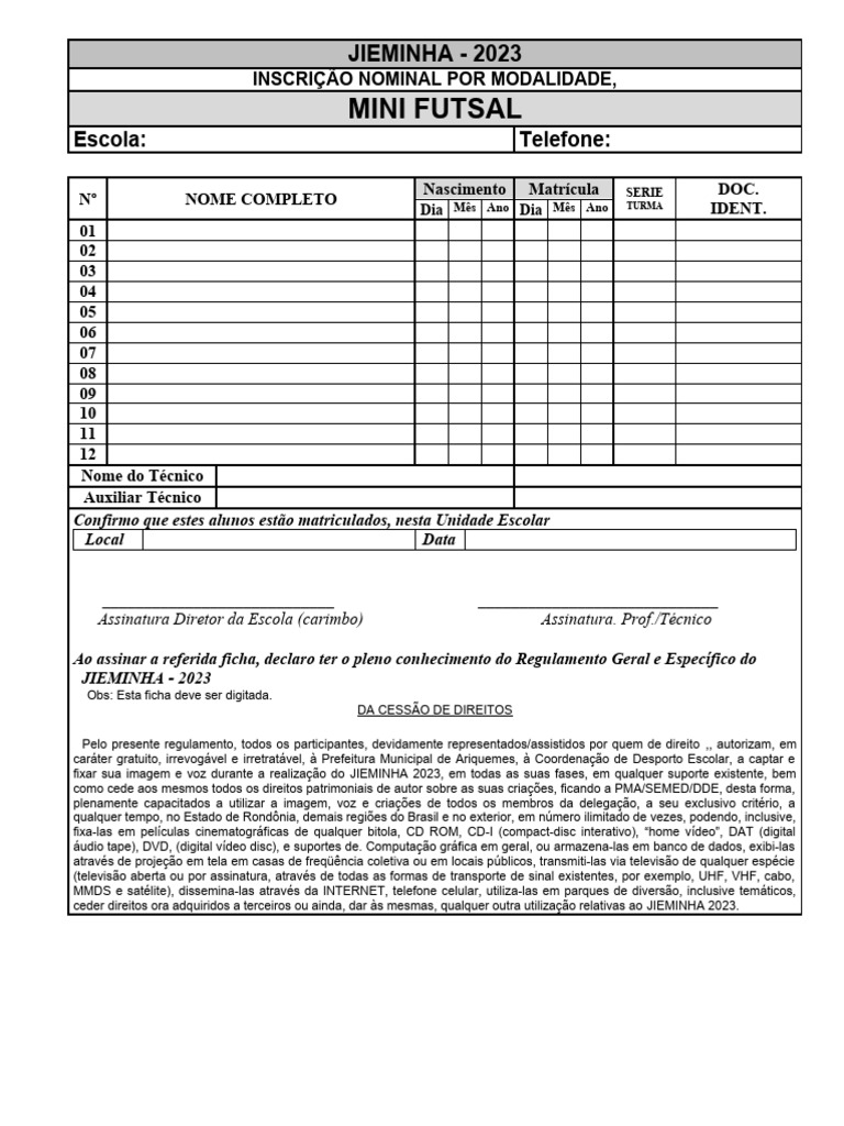 Inscrição JIEMINHA 2023 - Mini Futsal | PDF