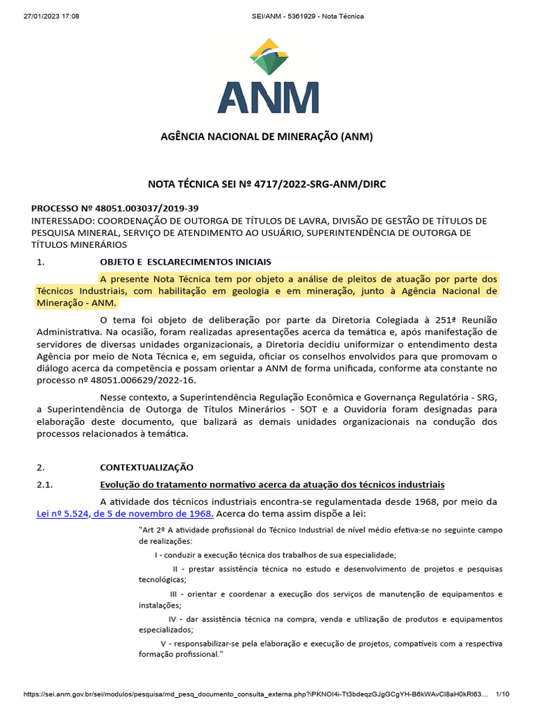 Nota Técnica - 4717-2022 - ANM Imposiibilita Técncos Como RTs. | PDF ...