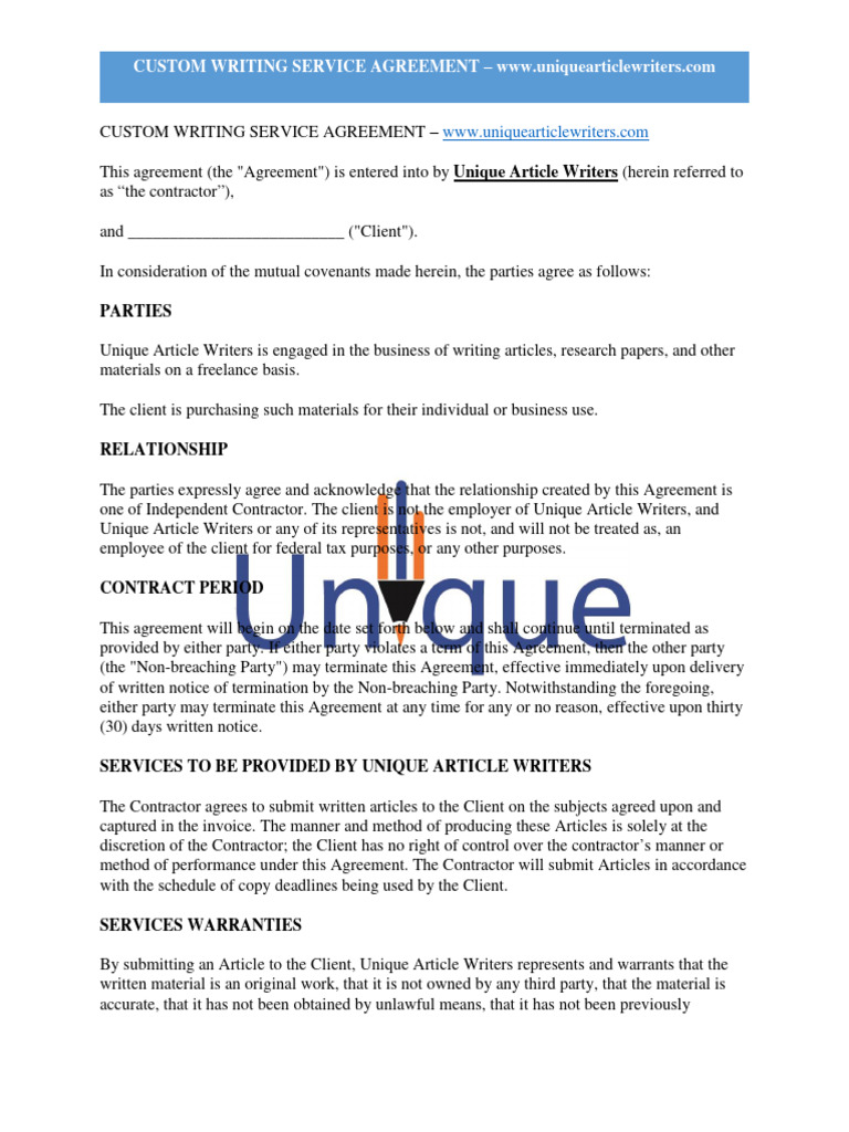Custom Writing Service - Agreement - Don Johnson | PDF | Indemnity ...