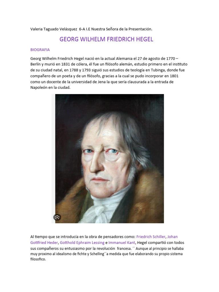 Hegel Resña de Su Vida | PDF | Georg Wilhelm Friedrich Hegel | Idealismo