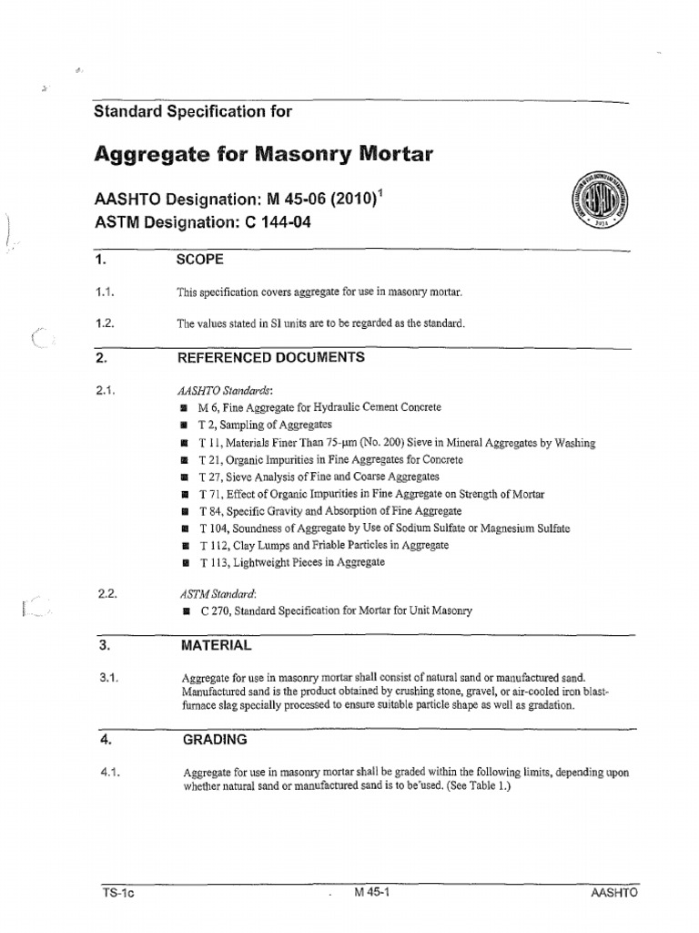 Aggregate Specifications for Masonry Mortar | PDF