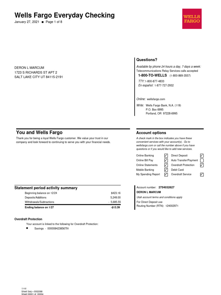 Wells Fargo Statement | PDF | Overdraft | Fee
