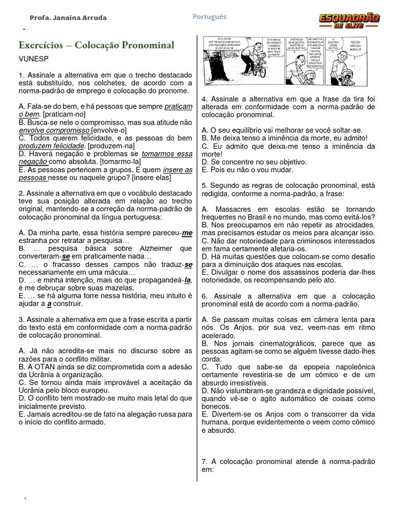 Exercícios de Colocação Pronominal VUNESP | PDF | Pronome