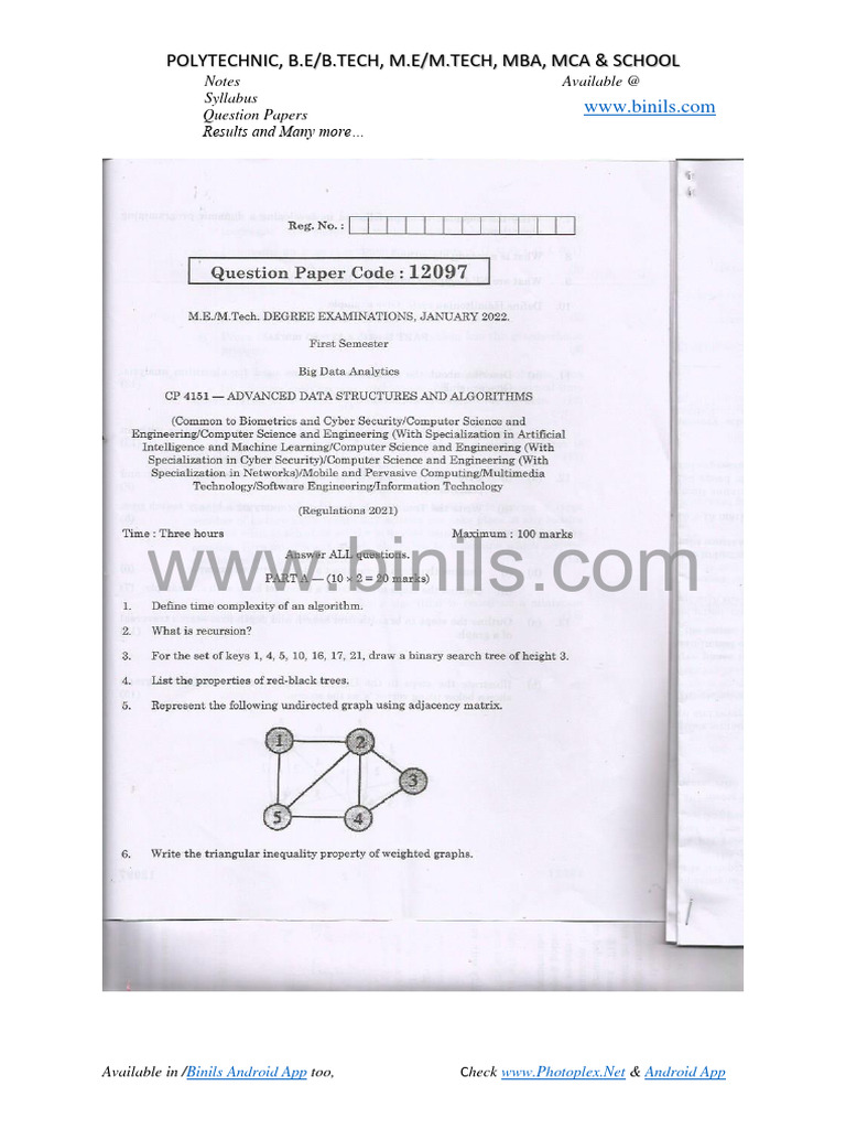 CP 4151 Advanced Data Structures and Algorithms I Old Question Paper | PDF