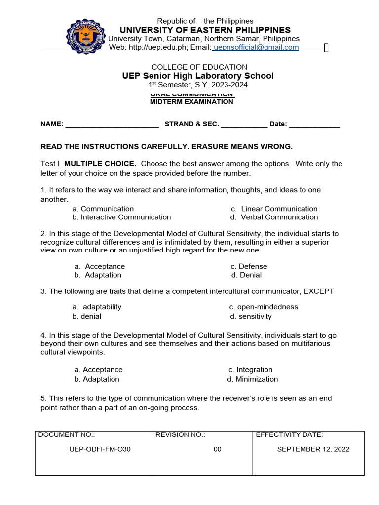 Oral Communication Midterm Exam2 PDF Communication Human Communication