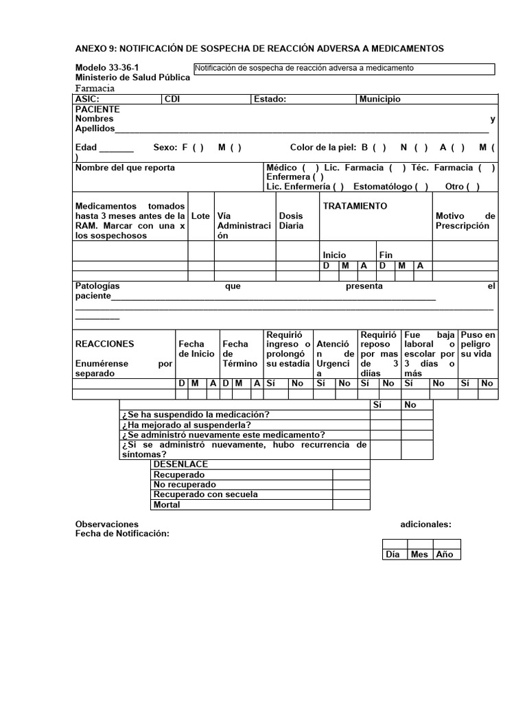 Notificación de Reacción Adversa a Medicamentos | PDF | Medicamentos ...