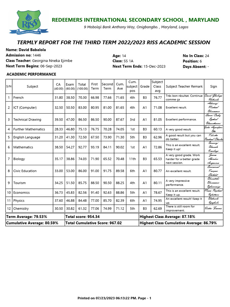 SS1 Term 3 Report 2022/2023 RISS | PDF