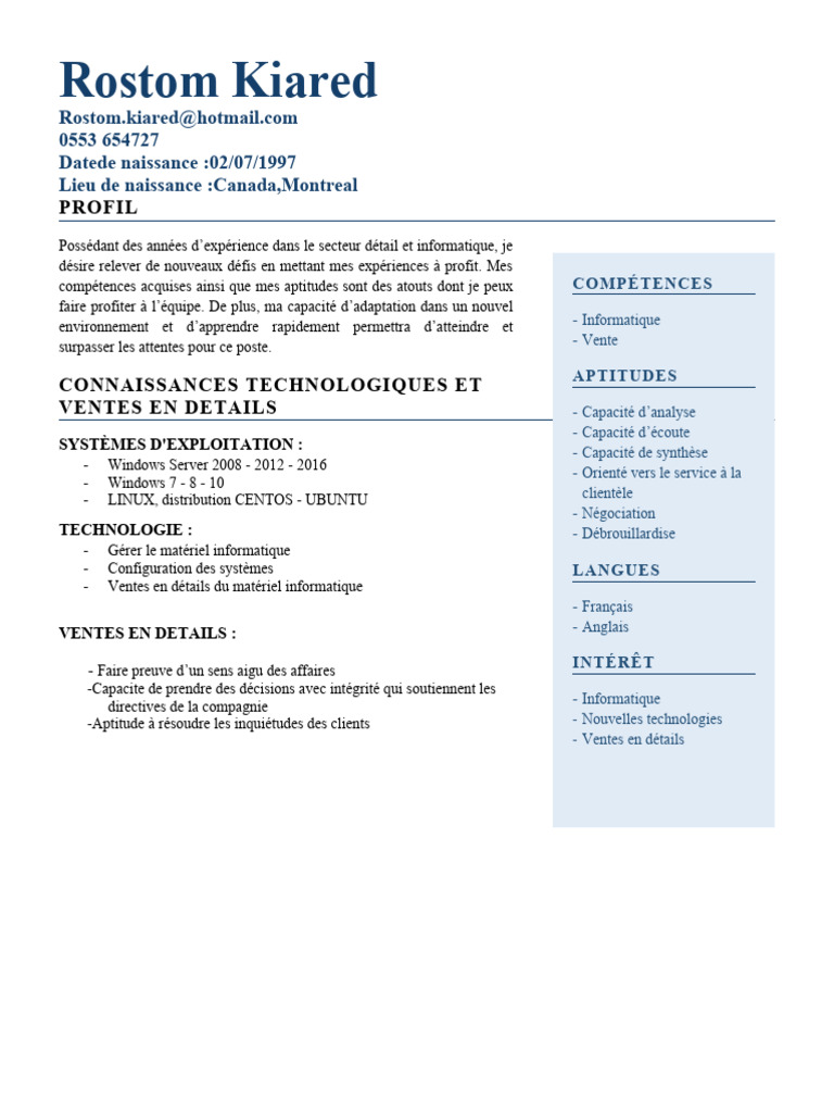 Profil de Rostom Kiared en Vente et IT | PDF | Informatique | Informatique