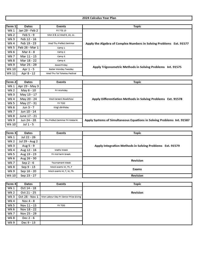 2024 Y13 Calc Calendar PDF Equations Algebra