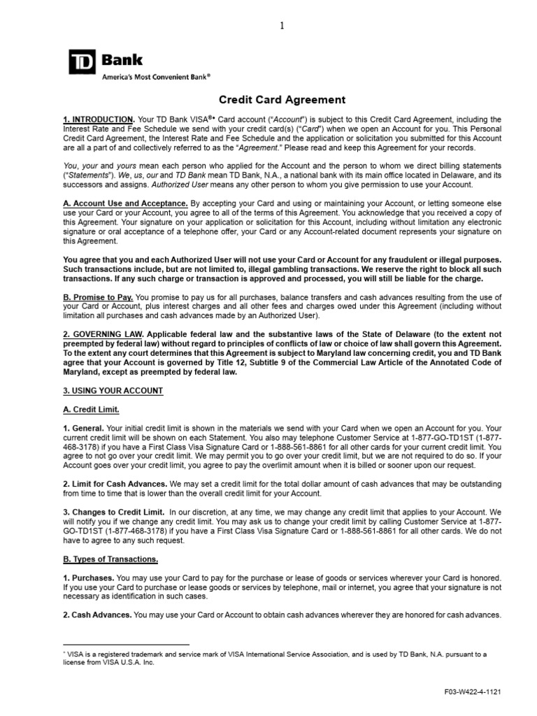 TD Bank Credit Card Agreement Overview | PDF | Credit Card | Annual ...