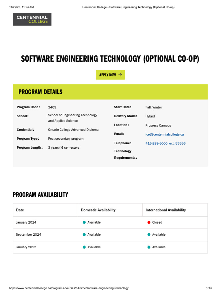 Centennial College - Software Engineering Technology (Optional Co-Op) | PDF