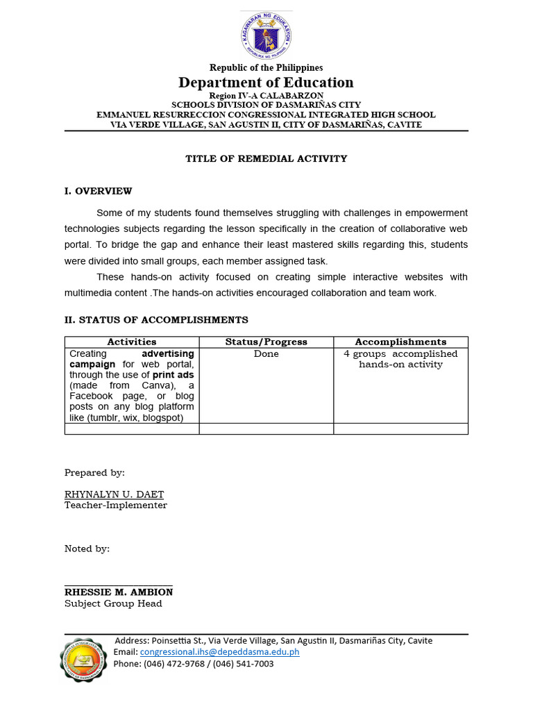 Remedial Activity Accomplishment Report | PDF | Career & Growth ...