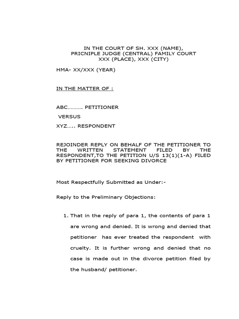 Rejoinder Format for Divorce Petition | PDF | Lease | Marriage