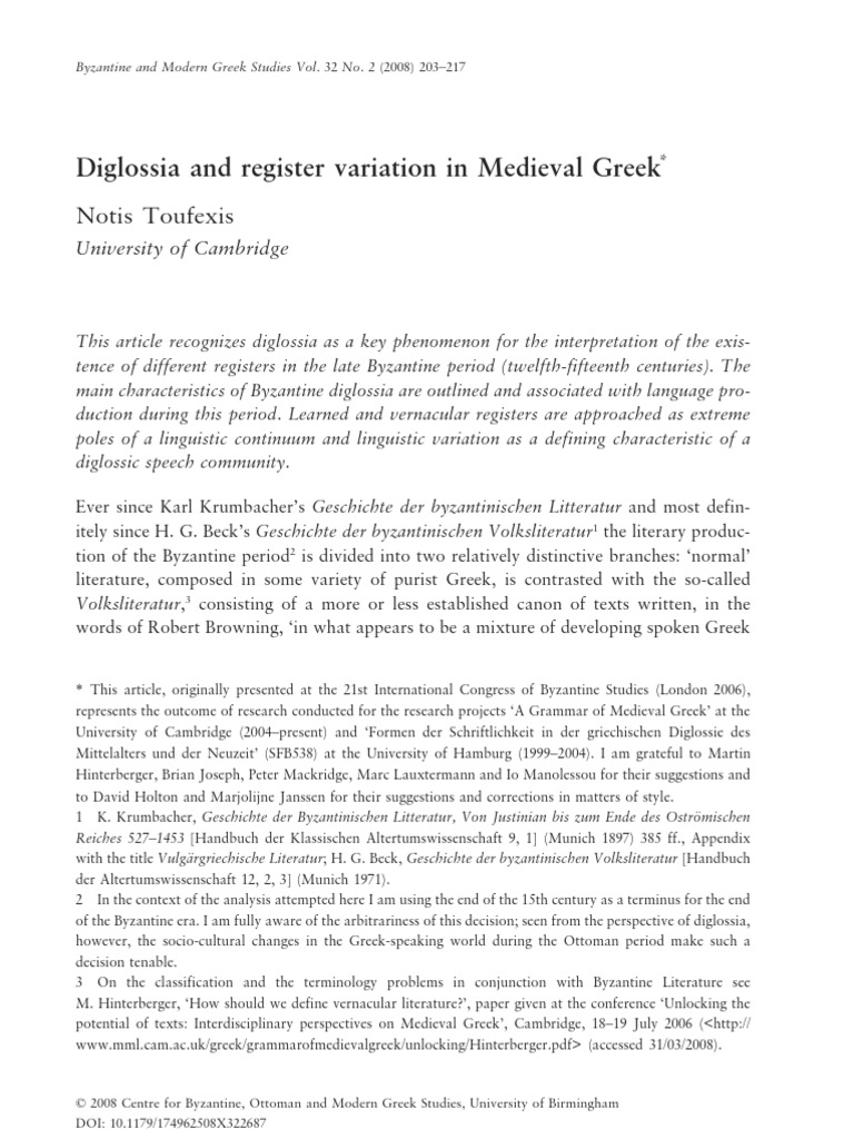 Diglossia and Register Variation in Medieval Greek | PDF | Social ...
