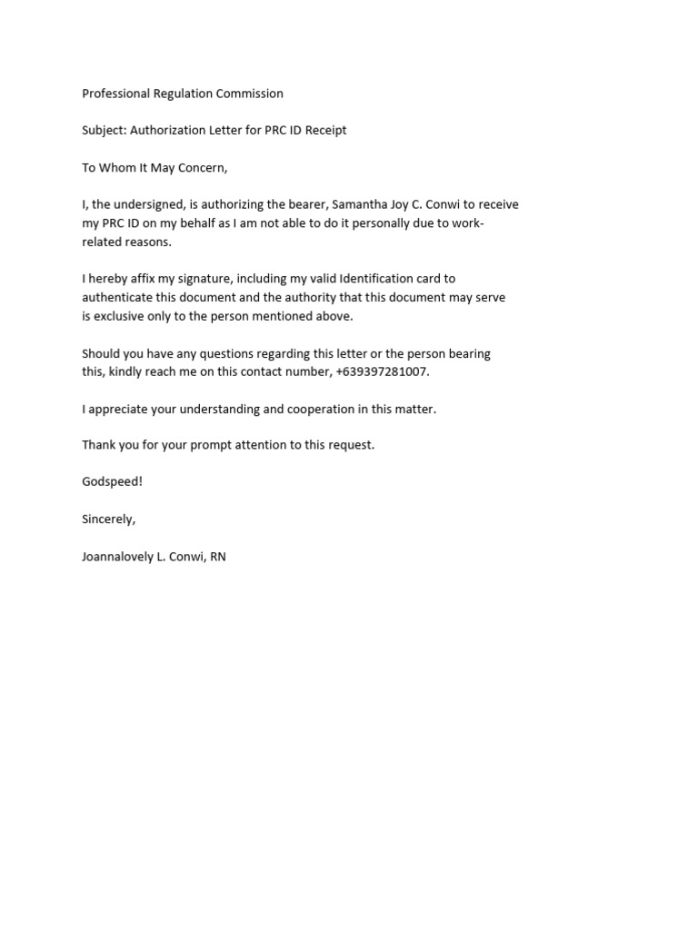 PRC ID Authorization Letter Sample | PDF