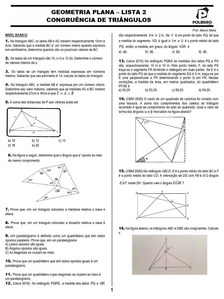 Exercícios de Congruência de Triângulos 8º Ano | PDF | Triângulo ...
