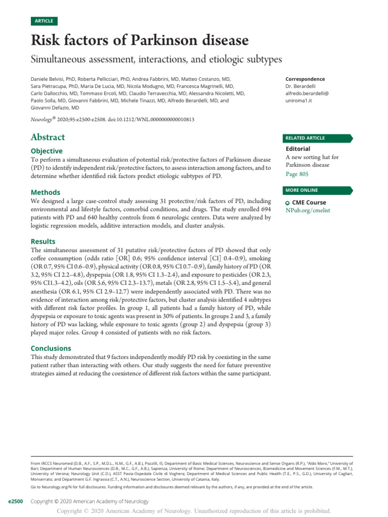 Belvisi Et Al - Risk Factors of Parkinson Disease | PDF