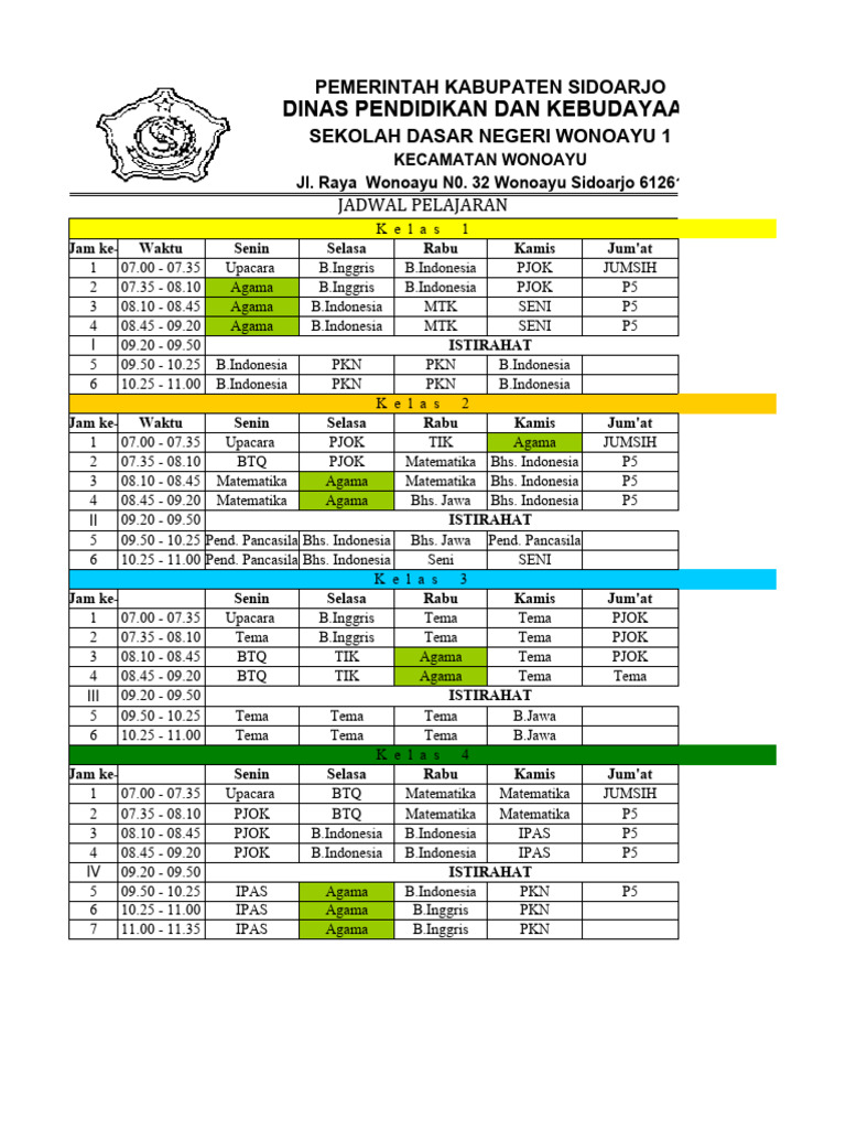 Jadwal Pelajaran Kelas 1 - Kelas 6 2023 2024 | PDF