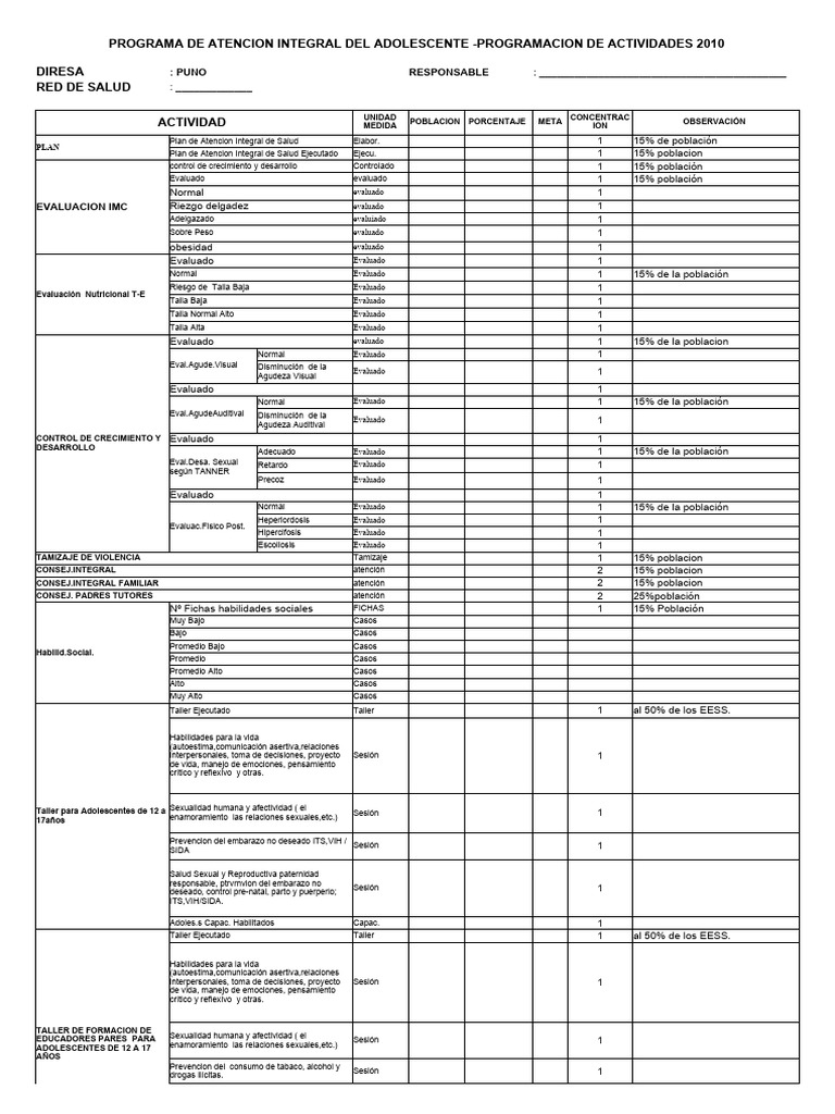 Programa Integral Adolescente Puno 2010 | PDF | Adolescencia | Salud ...