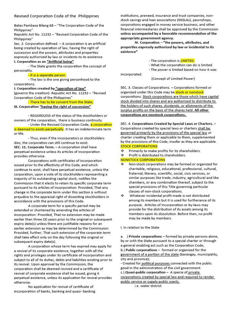 Revised Corporation Code of The Philippines | PDF | Corporations ...