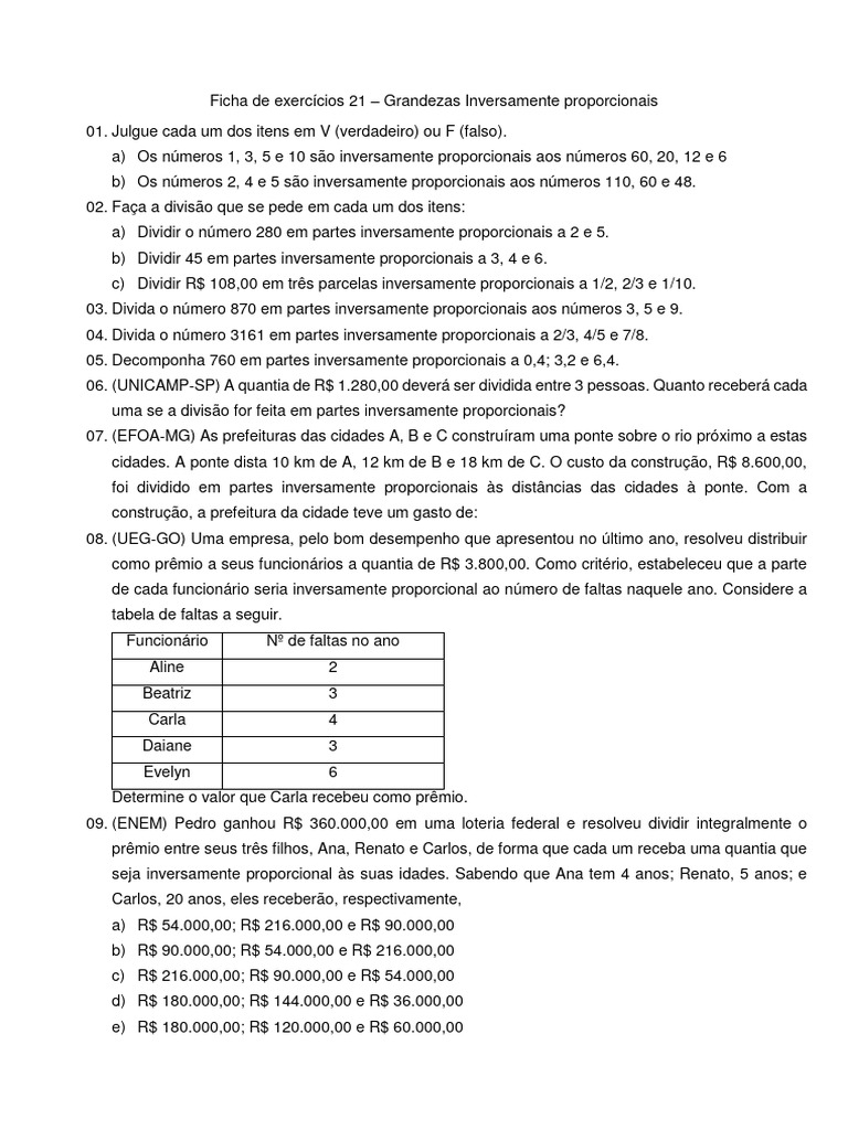 Exercícios de Grandezas Inversamente Proporcionais | PDF