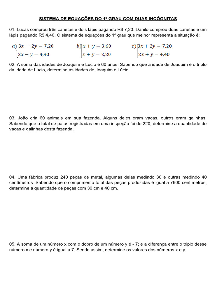 Sistema de Equações Do 1º Grau Com Duas Incógnitas | PDF