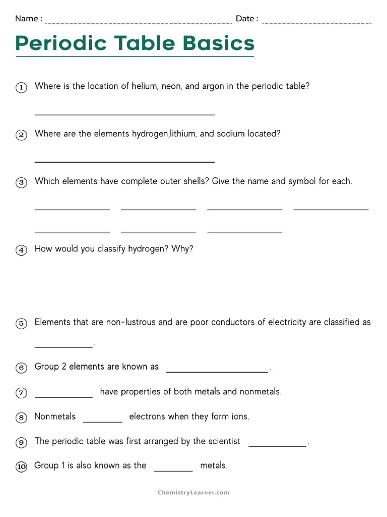 Periodic Table Basics Worksheet | PDF