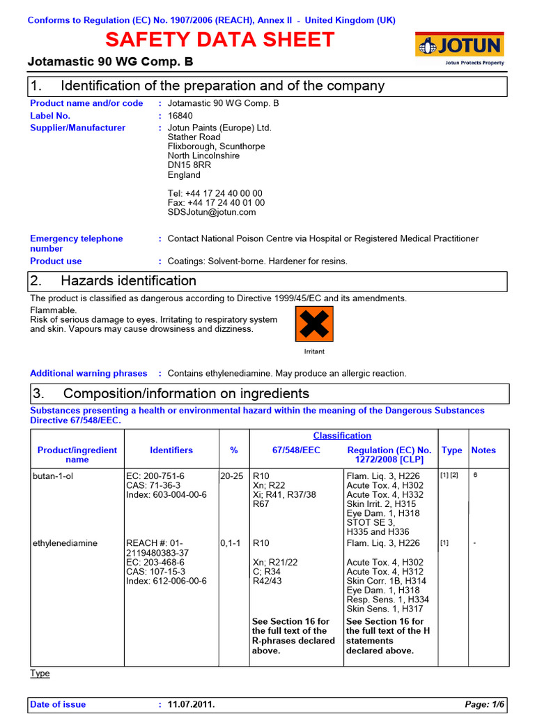 Safety Data Sheet For Jotamastic 90 WG Comp. B Jotun PDF Personal
