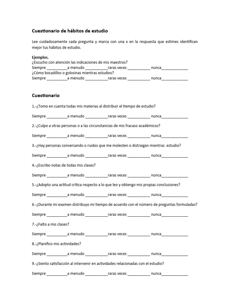 Cuestionario sobre hábitos de estudio | PDF | Crecimiento personal y ...
