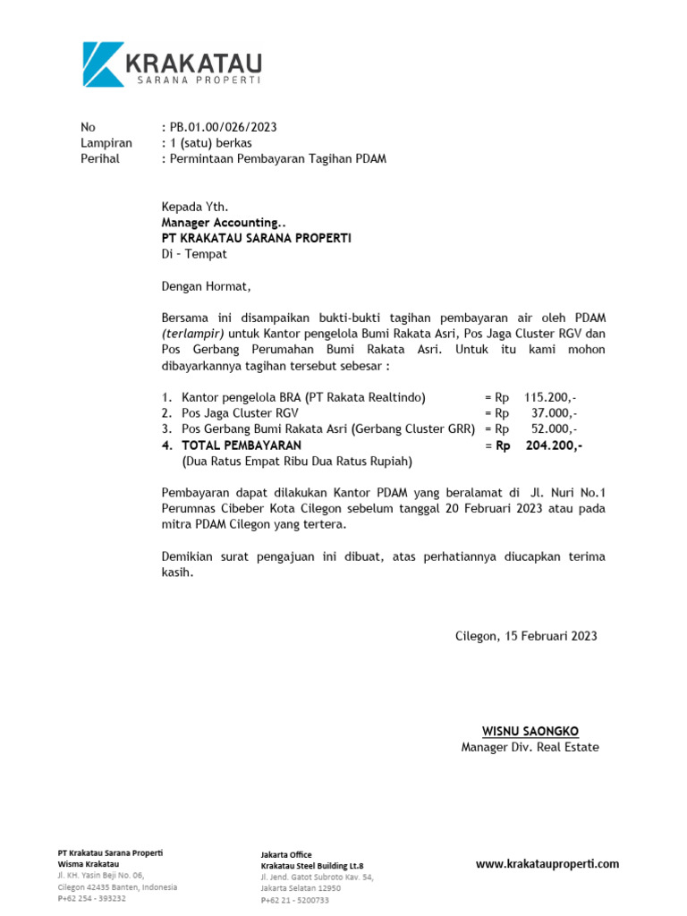 Permintaan Pembayaran Tagihan PDAM | PDF