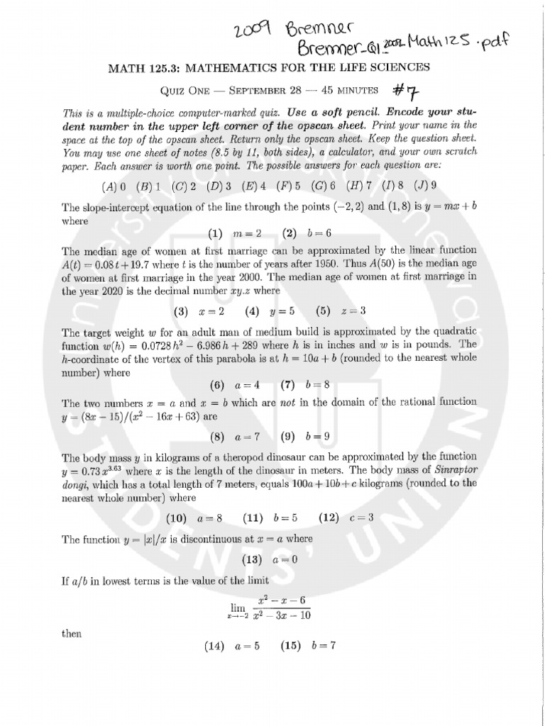 Bremner Q1 2009 Math125 | PDF