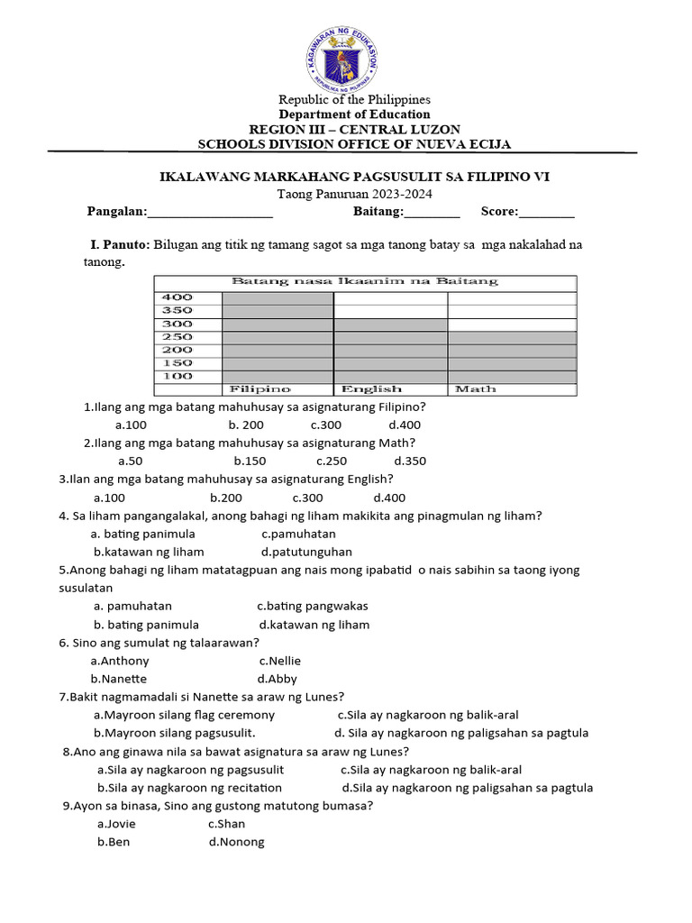 Filipino 6 Ikalawang Markahang Pagsusulit | PDF