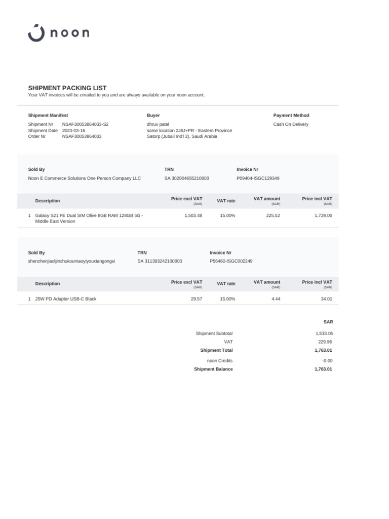 Shipment Packing List and Invoice Details | PDF | Value Added Tax ...