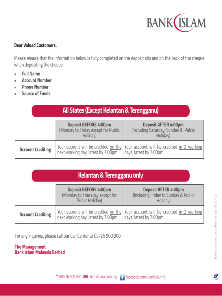 Bank Islam Cheque Deposit Guidelines | PDF