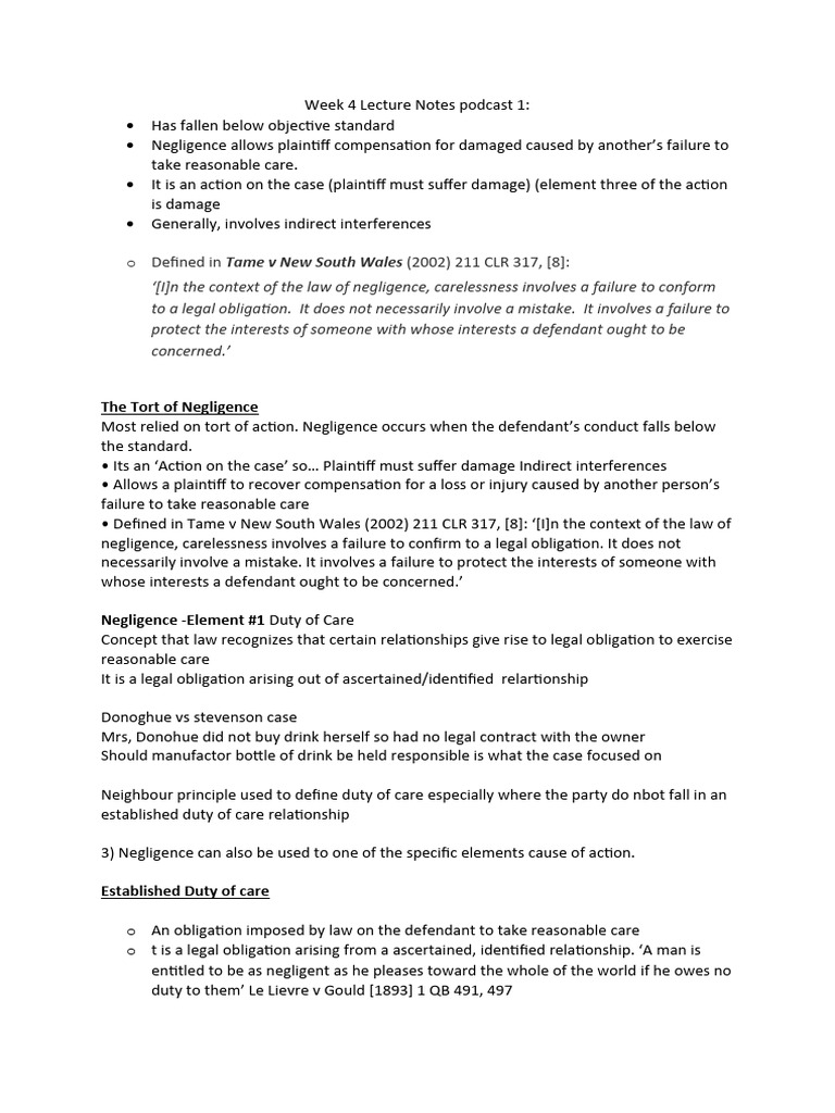 Week 4 Lecture Notes Podcast 2 | PDF | Negligence | Duty Of Care
