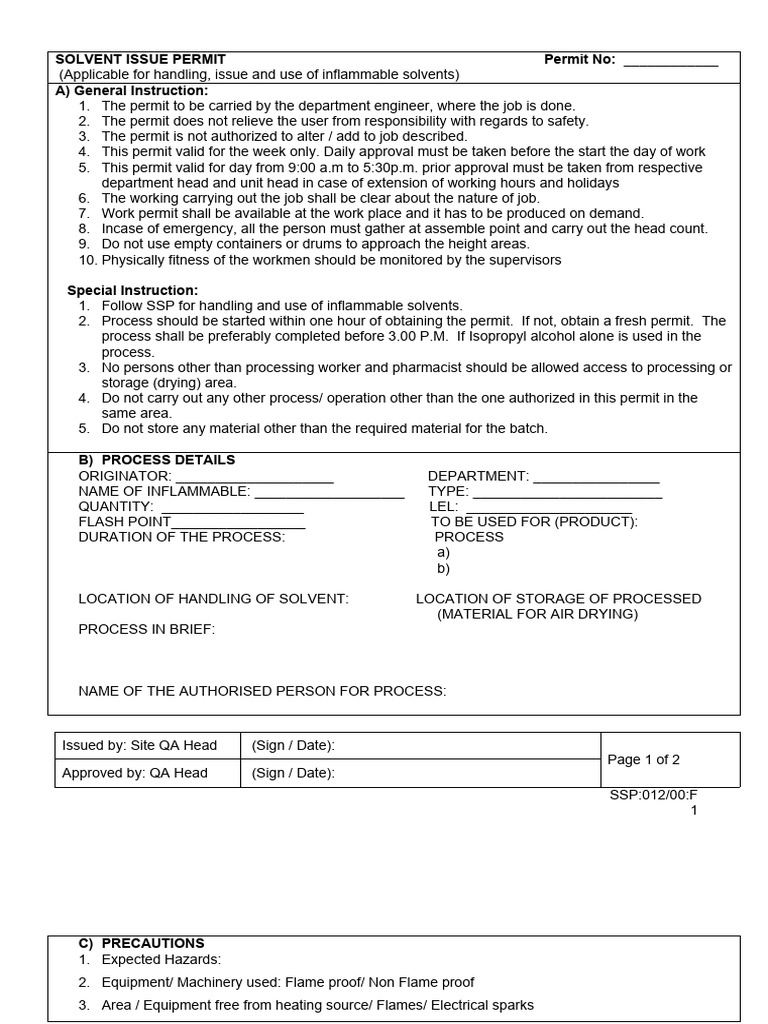 Inflammable Solvent Handling Permit | PDF | Physical Sciences