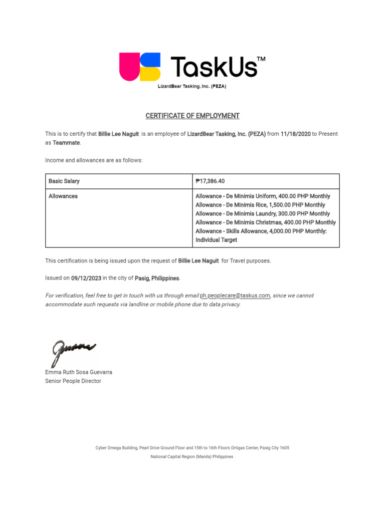 TaskUs Employment Certificate for Travel | PDF